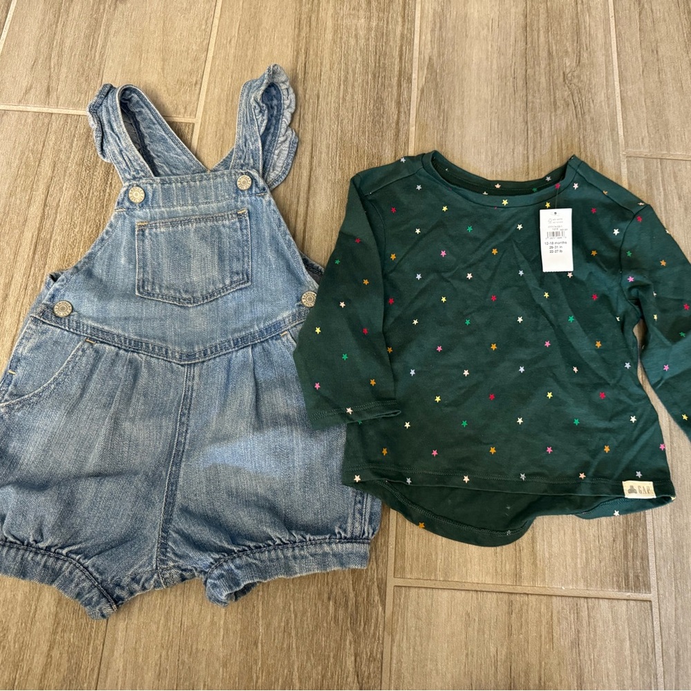 **GAP Toddler Denim Overall Shorts & Star Print Long Sleeve Shirt Set**